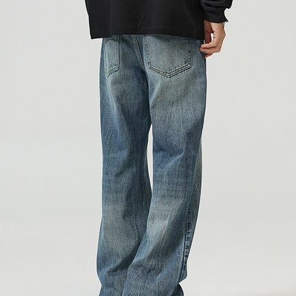 LKTM Men's# American vibe Lightning Crack Blue Jeans Men's cleanfit Slightly Slim Pants