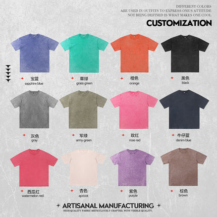 High Street Retro Heavy Distressed Washed White Ink Direct Spray Printing Men's and Women's Ins Retro Hip-Hop Trendy Brand Short-Sleeved T-Shirt