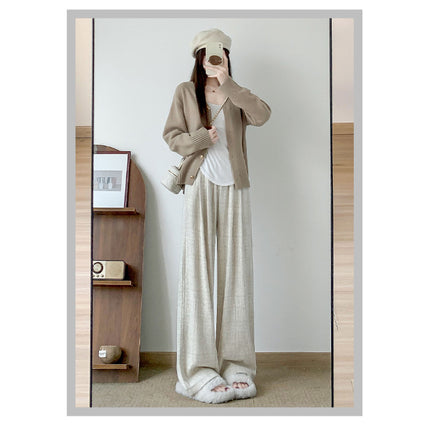 Pink Milkshake Wide Leg Pants Women's Spring and Autumn High Waist Dipped Soft Waxy Towel Pants Lazy Little Man Casual Walking Pants