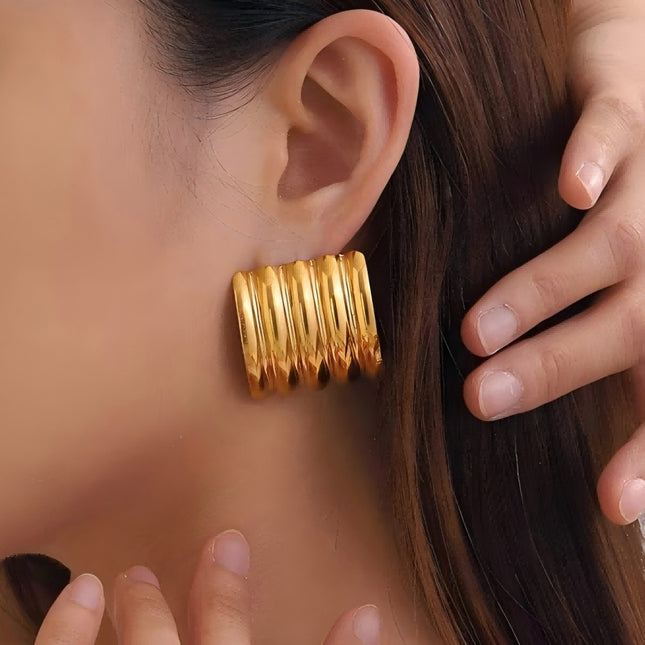 Summer Cool Style 18K Gold Stainless Steel Curved Striped Earrings European and American Internet Celebrity Style High-End Temperament Earrings for Women