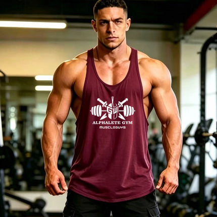 Summer Men's Vest Thin Strap Sports European and American Bodybuilding Fitness T-shirt Printed logo Waistle I-Shoulder Loose Men