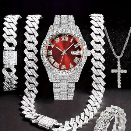 Hiphop Hip Hop Diamond Watch Five-Piece Diamond Cuban Chain Cross Necklace Cuban Ring Cross Border Wholesale