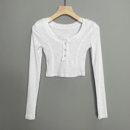 Real Shot Korean Dongdaemun Buckle Slim-fit Slim-fit Sexy Spice Girl Figure Short Long Sleeve T-shirt Top Women's Clothing