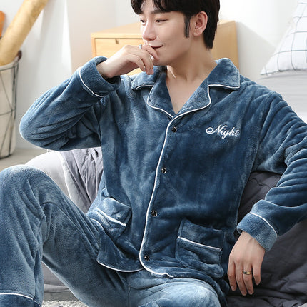 Men's Pajamas, Winter Thickened and Fleece-Lined, Men's Home Wear Set, Coral Fleece, Warm, Autumn and Winter, One-Piece Wholesale
