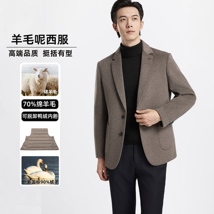 Men's Business Casual Suit Jacket Autumn and Winter Classy Thickeneded Removable down Double-Sided Woolen Outwear
