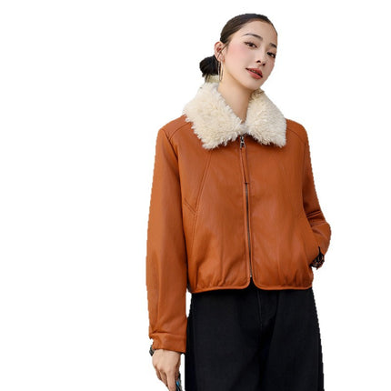 Winter Padded Leather Jacket for Women, Short Style, Petite Size, Plus Size, Age-Reducing Cotton Coat, 2025 Winter Slimming Sheepskin Jacket