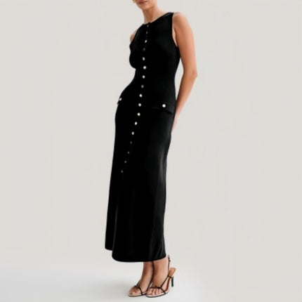 Cross-Border European and American Fashion Aliexpress Popular Round Neck Sleeveless Dress Single-Breasted High Waist Slim Party Banquet Long