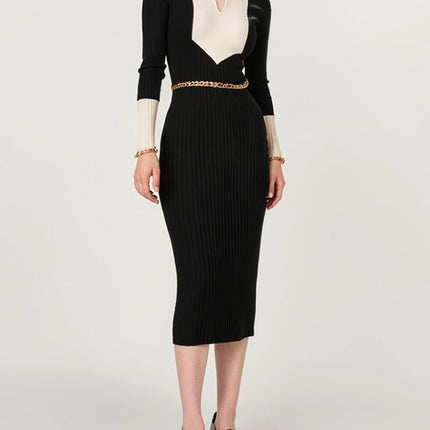 Contrast Color Polo Collar Long-Sleeved Knitted Dress Women's 2025 Autumn and Winter New Hepburn Style Slim Long Skirt