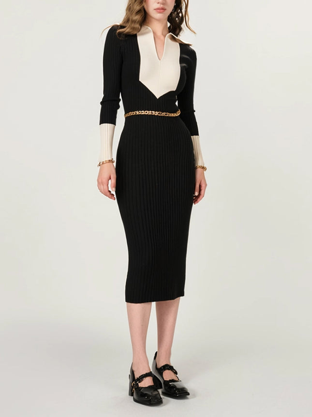 Contrast Color Polo Collar Long-Sleeved Knitted Dress Women's 2025 Autumn and Winter New Hepburn Style Slim Long Skirt