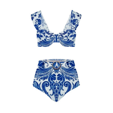 2024 New European and American High Waist Retro Printed Split Swimsuit Women's Hot Spring Holiday Beach Dress Two-piece Swimsuit
