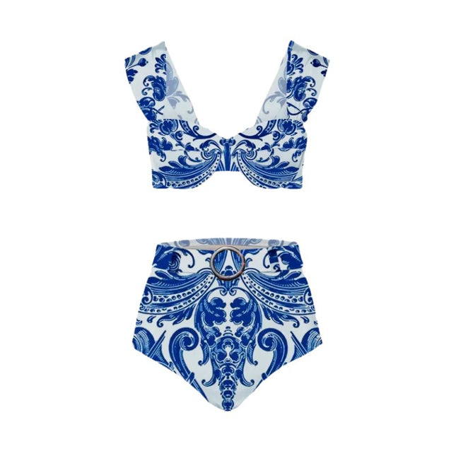 2024 New European and American High Waist Retro Printed Split Swimsuit Women's Hot Spring Holiday Beach Dress Two-piece Swimsuit