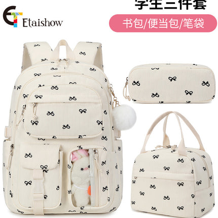 High School Ins Campus Large Capacity Three-Piece Corduroy Printed Backpack New Style Casual All-Match Backpack
