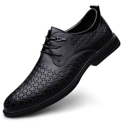 Summer men's first layer cowhide hollow leather shoes breathable round head new office casual men's holed thick-soled leather shoes