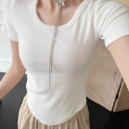 2025 New Summer U-Neck Right Shoulder T-Shirt Slim Design Niche Short-Sleeved Sexy Small Top for Women Export