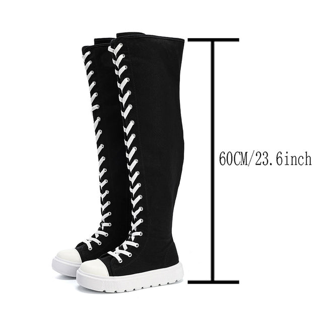 Cross-Border 2024 Spring New Large Size Women's Shoes High-Top Strap Side Zipper Canvas Shoes Simple Long-Tube Over-The-Knee Boots