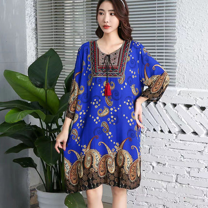 Extra Large Size Ethnic Style Round Neck Three-Quarter Sleeve Dress Loose Embroidered Flower Cotton Silk Travel Beach Skirt for Women