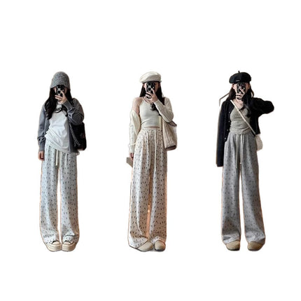 Ice Silk Floral Wide-Leg Pants for Women, Summer Thin High-Waisted Loose Slimming Drape Lazy Fashion Casual Straight-Leg Long Pants