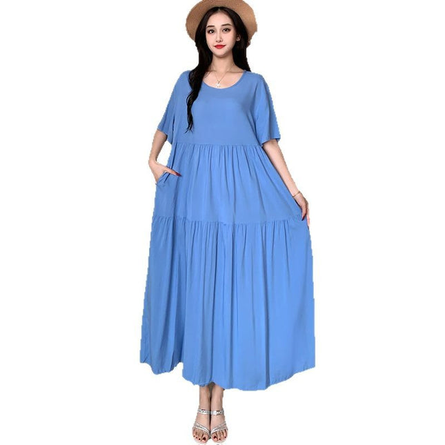 Solid Color Loose-Fitting Plus-Size Maternity Dress, Rayon Beach Dress, Short-Sleeved Long Skirt with a Large Hem