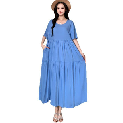 Solid Color Loose-Fitting Plus-Size Maternity Dress, Rayon Beach Dress, Short-Sleeved Long Skirt with a Large Hem