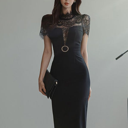 Yujie Fan Stitching Lace Waist Dress Cross-border 2023 New Korean Style Elegant Slim-fit Professional Hip Skirt for Women