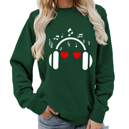 Music Headphones Love Printed Round Neck Women's Top Sweatshirt Foreign Trade Supply Autumn and Winter Coat Casual Loose European Size