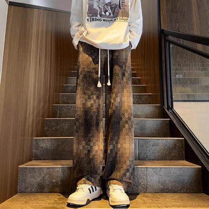 plus size American Retro Pixel Plaid Pants Men's Autumn and Winter Fashion Brand High Street Niche Design Loose Casual Pants