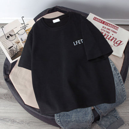 Summer Couple T-Shirts for Men and Women, 180g Design, Five-Quarter Sleeve Tops, Short-Sleeved, Ins-Style, Loose Fit, Smiley Face Print, Hong Kong Style