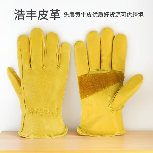 First-Layer Cowhide Golden Welding and Handling Gloves, Outdoor Cycling Protective Labor Protection Gloves, Gardening Short Leather Gloves Wholesale