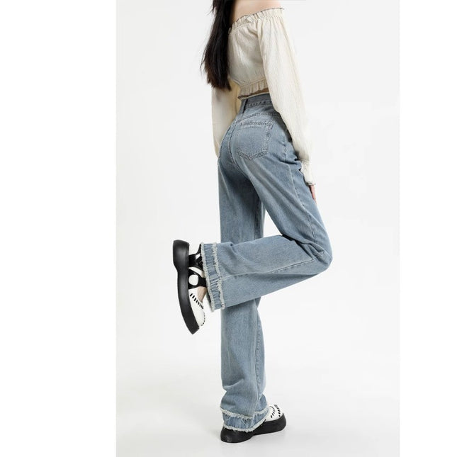 Light Color High Waist Straight Jeans Women's Trendy All-match New Fashionable Simple Loose Slim-fit Wide Leg Pants