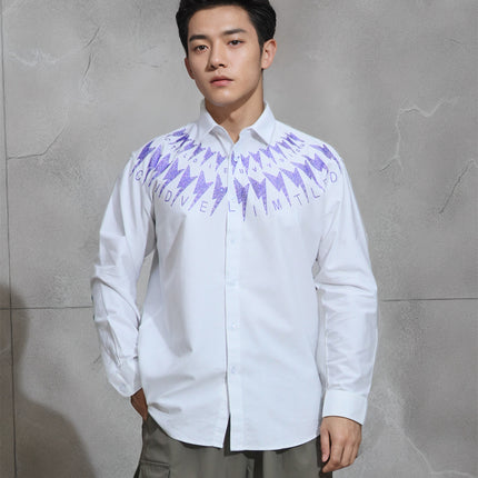 Heavy industry hot drilling front and rear lightning long-sleeved shirt shirt fat guy single wear outer wear personality niche plus size