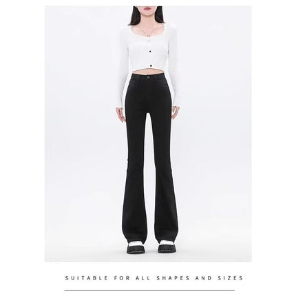 American-Style Black Flared Jeans for Petite Women, Summer New High-Waisted Slim-Fit Bootcut Floor-Length Pants