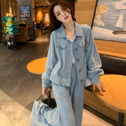 Xiao Xiang style Denim suit women's autumn 2024 new fashion sense foreign style age-reducing wide leg pants two-piece set