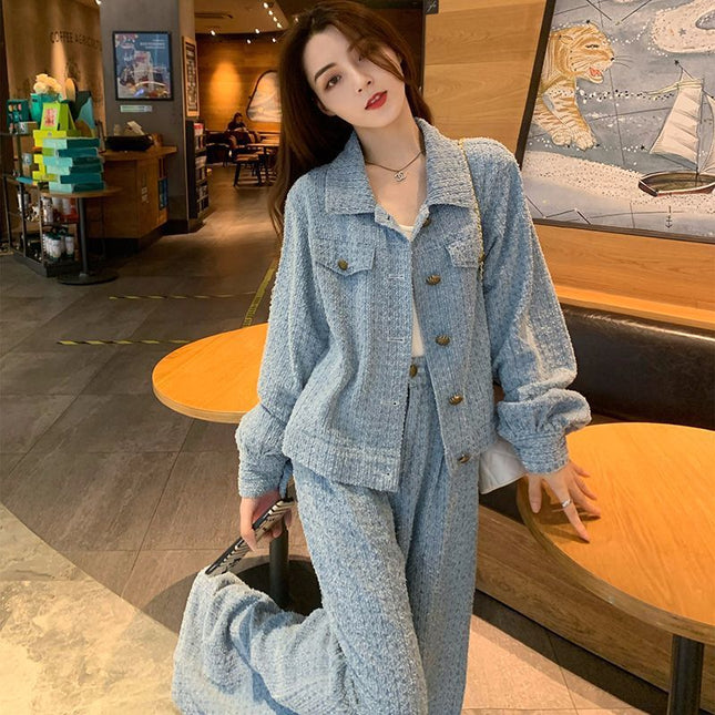 Xiao Xiang style Denim suit women's autumn 2024 new fashion sense foreign style age-reducing wide leg pants two-piece set