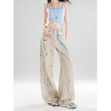 American Retro 3D Chain Print Women's Jeans Summer New Loose Slimming Wide-Leg Floor-Length Pants
