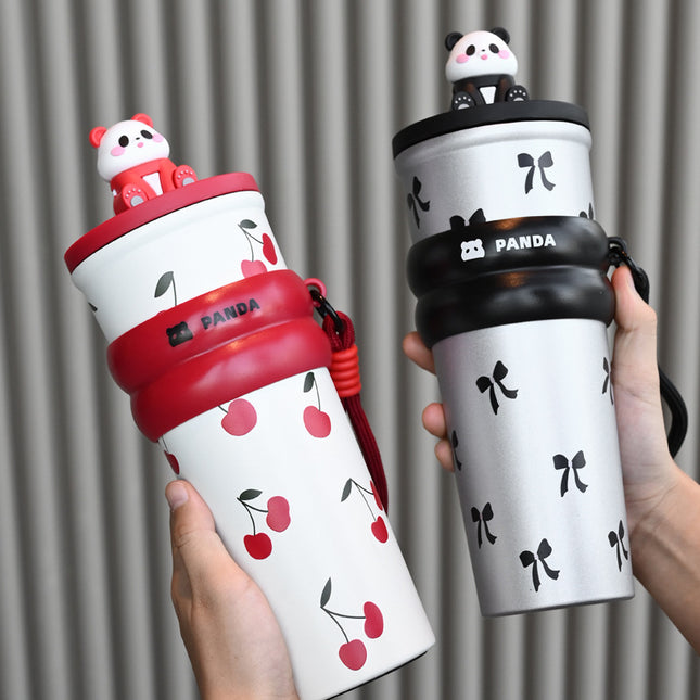 High-Looking Stainless Steel Thermos Cup, Large-Capacity Car-Mounted Cute Printed Coffee Cup, Accompanying Cold-Keeping Double-Drink Ice Cup