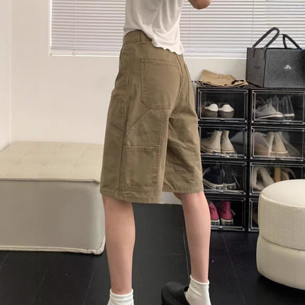 American Military Green Workwear Five-Point Jeans for Women Summer 2025 New Medium Pants Straight Sycamore Wide-Leg Shorts
