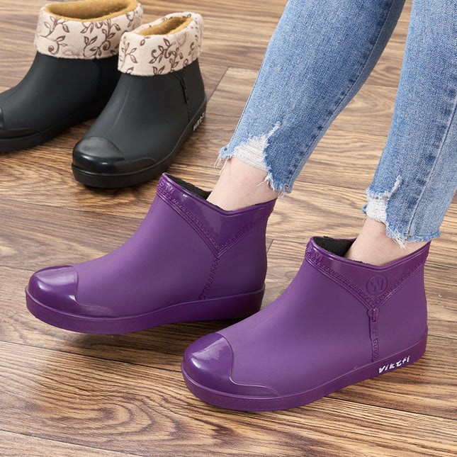 Women's Fashionable Low-rise Flat Rain Boots Cotton Rain Boots for Outer Wear Korean Style Fashionable Low-rise Women's Shoes for Kitchen Work