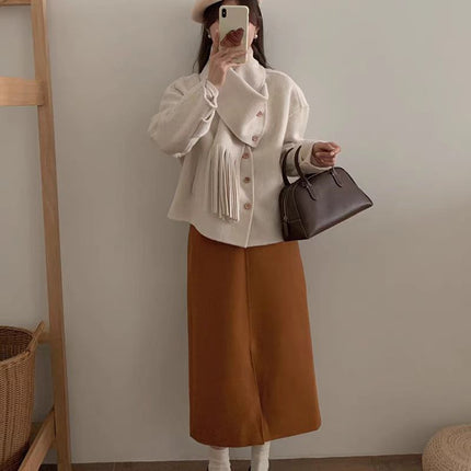 2024 New Tassel Scarf Collar Removable Two-Wearing Double-Sided Wool Coat Small Loose Wool Jacket