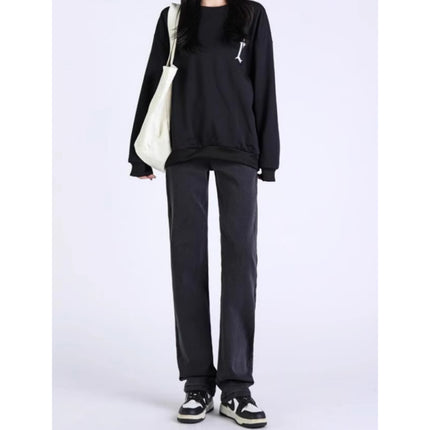 Black Grey Smoke Tube Jeans Women's Trendy All-match Korean Style High Waist Slimming Stretch Slim-fit Niche Narrow Straight Leg Pants