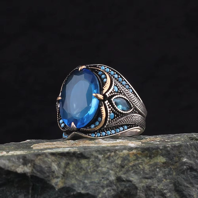 Cross-border Sapphire Men's Ring Temm Personality Retro Punk European and American Diamond Men's Ring Factory Outlet
