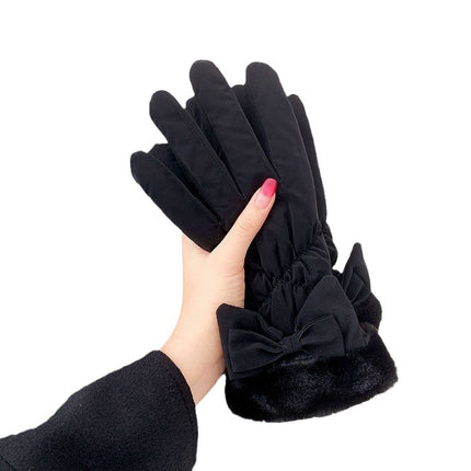 Down Cotton Gloves Women's Winter Bow Fingers Plus Fleece Windproof Cold-proof Skiing Five-finger Warm Touch Screen Cycling