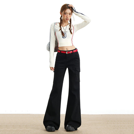 Eye-Catching Autumn and Winter Black Workwear Mid-Waist Elastic European and American Slightly Flared Wide-Leg Floor-Length Casual Jeans for Women