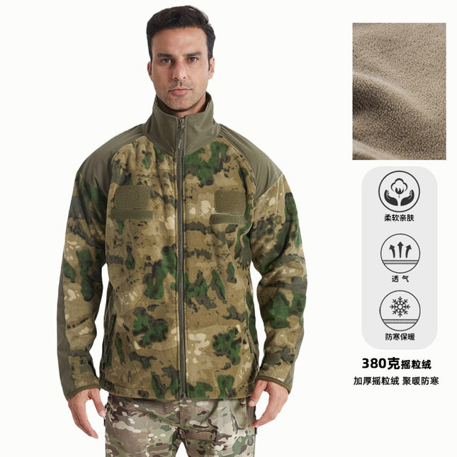 Autumn and Winter Camouflage Outdoor Men's Stand-Collar Fleece Jacket with Magic Chest Patch, Tactical Outdoor Sports Thickened Warm Clothing
