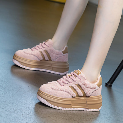 Winter cotton shoes thick sole hidden height 7cm genuine leather lamb wool shoes fleece-lined warm German training shoes striped break shoes for women