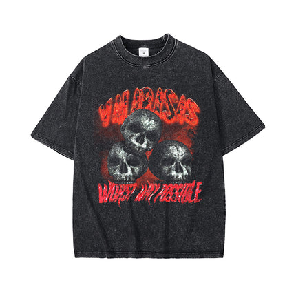 High Street Retro Heavy Distressed Washed White Ink Direct Spray Printing Men's and Women's Ins Retro Hip-Hop Trendy Brand Short-Sleeved T-Shirt