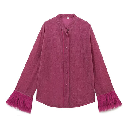 European and American Style Women's Clothing Export Cross-Border Popular Versatile Holiday Blouse French Light Mature Style Fashion Ostrich Feather Splicing Lining
