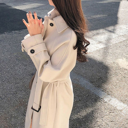 New Winter Student Korean Style Harajuku Style Mid-Length Waist Lace-Up Woolen Outwear for Women Ins Autumn Woolen Outwear