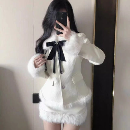 Korean Drama Daughter Big Miss Tight Waist Slimming Woolen Coat Overskirt suit Women's cotton and thickening Warm Two-piece Set