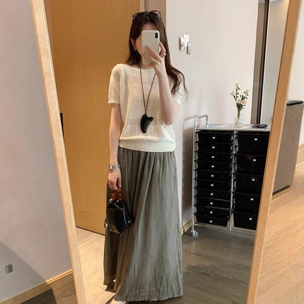 Hollow Chic Splicing Design Round Neck Short-Sleeved T-Shirt for Women 2025 Summer Commuting Versatile Knitwear Top