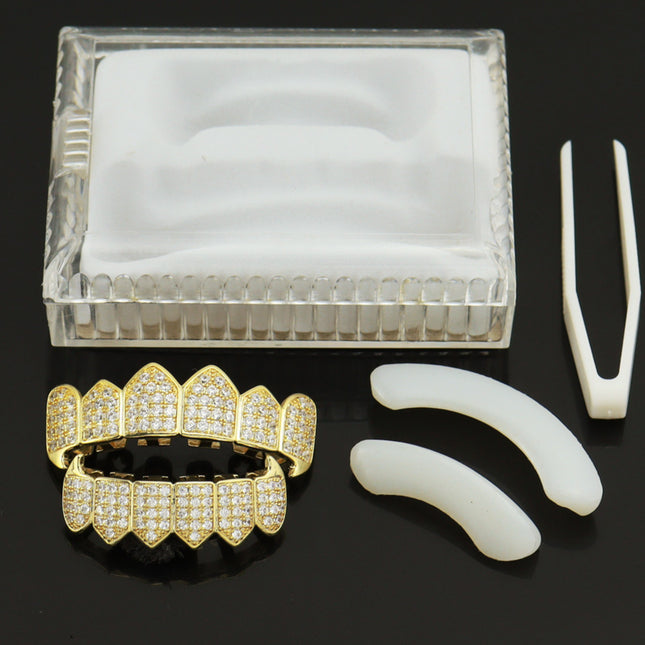 Cross-border 18K electroplated real gold micro-inlaid 4A zircon two-color hip-hop braces for men and women vampire fangs dentures suit